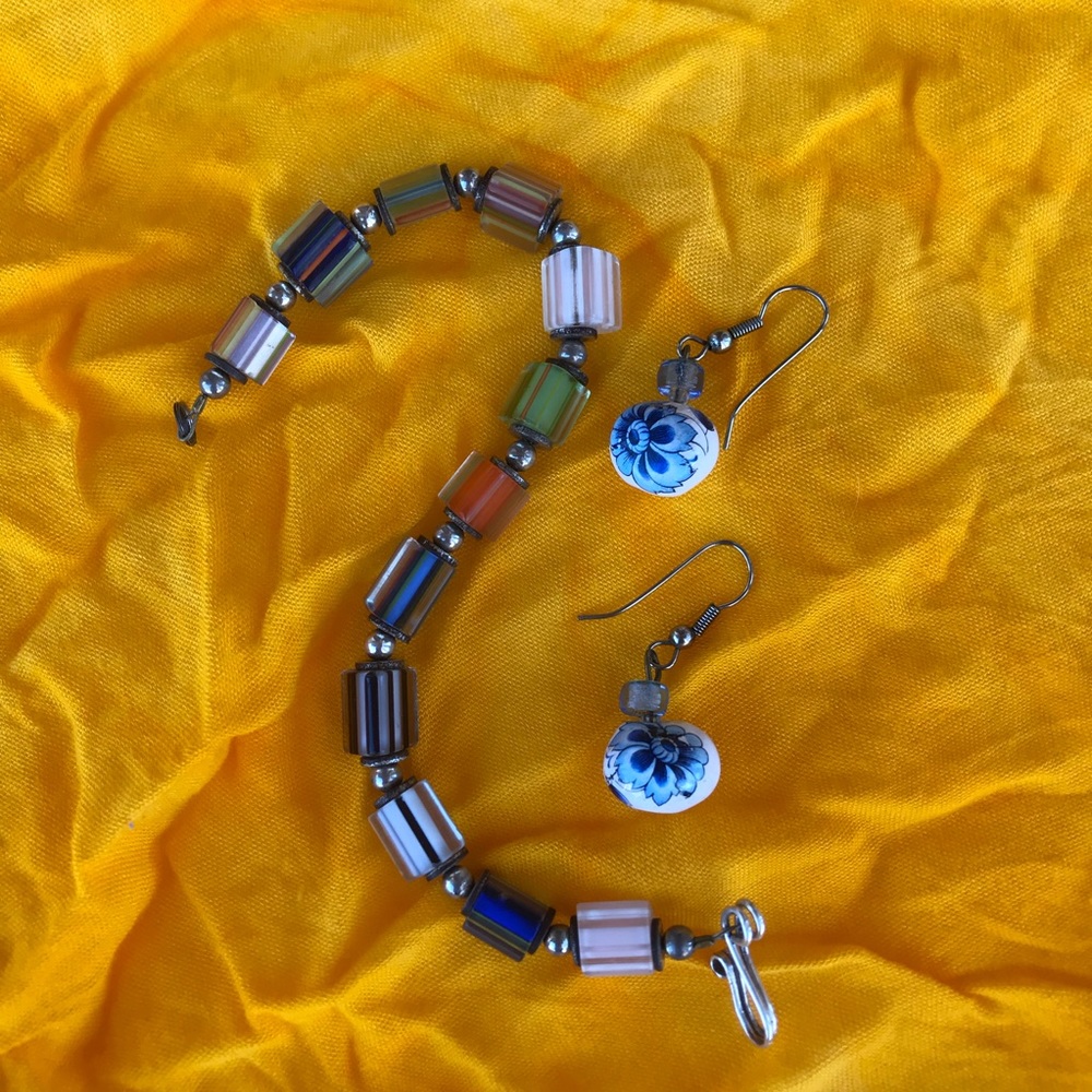 Handmade Glass Bracelet and Ceramic Bead Earring Set